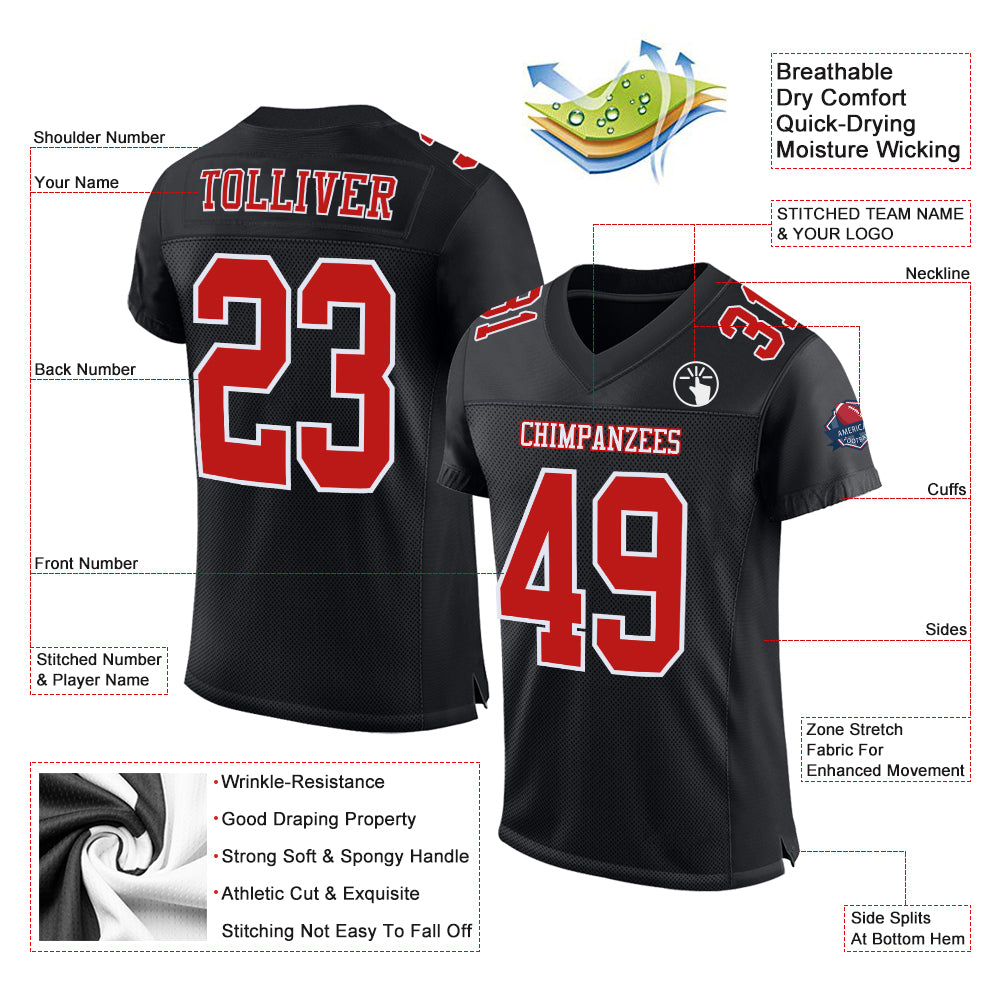 Custom Black Fire Red-White Mesh Authentic Football Jersey