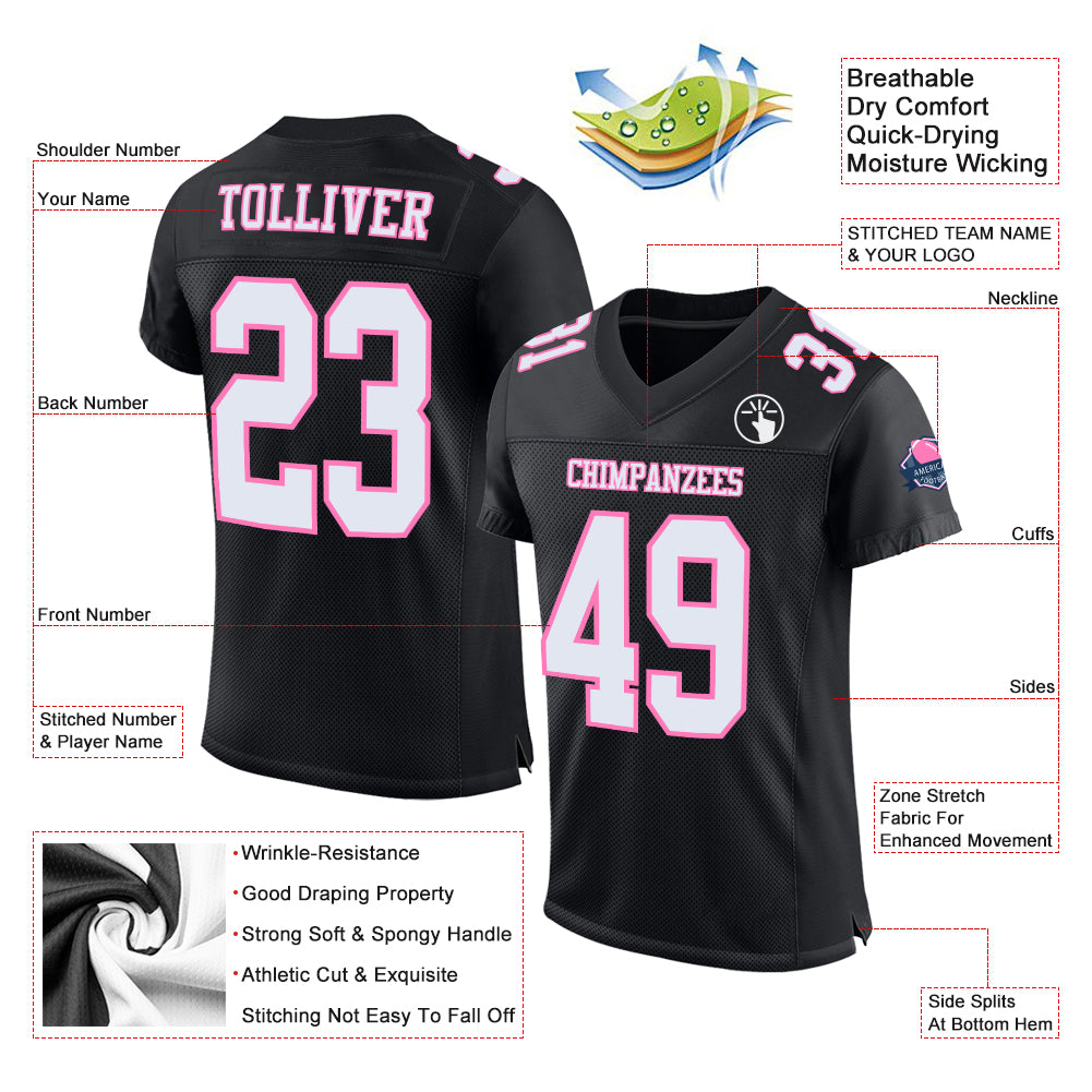 Custom Black White-Pink Mesh Authentic Football Jersey