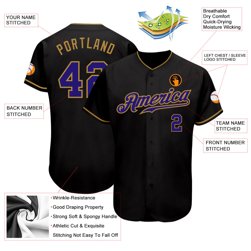 Custom Black Dark Purple-Old Gold Authentic Baseball Jersey