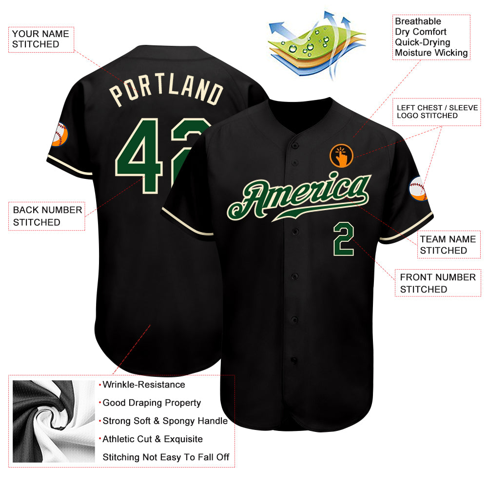 Custom Black Green-Cream Authentic Baseball Jersey