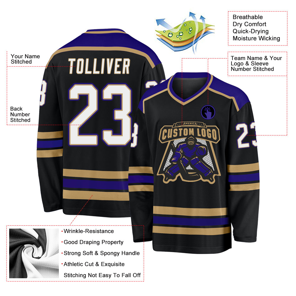 Custom Black White Old Gold-Dark Purple Hockey Jersey