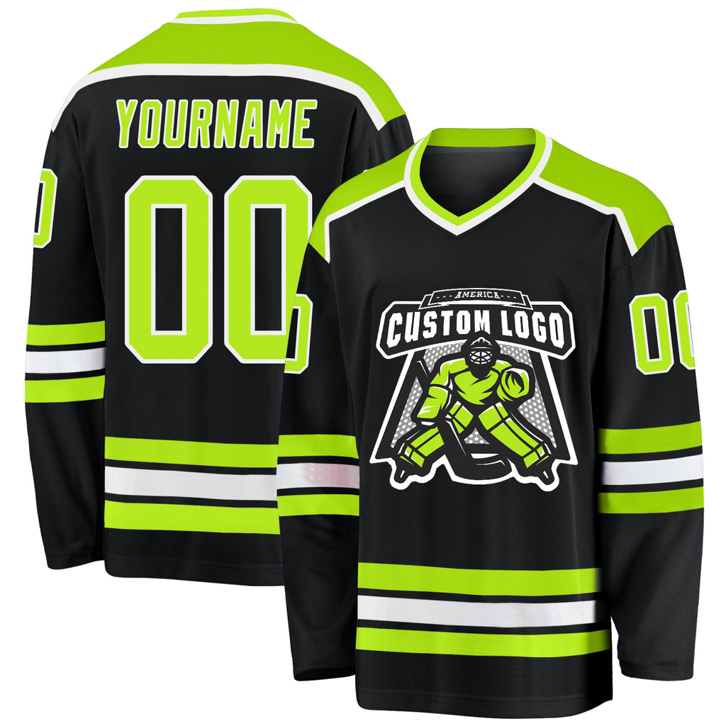 Custom Black Neon Green-White Hockey Jersey