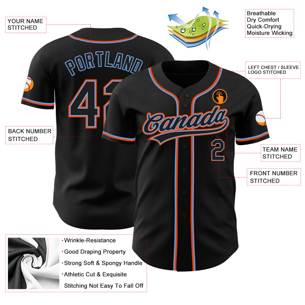 Custom Black Black Powder Blue-Orange Authentic Baseball Jersey