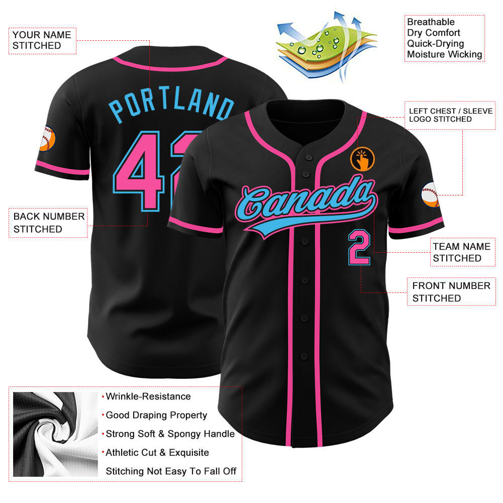 Custom Black Pink-Sky Blue Authentic Baseball Jersey