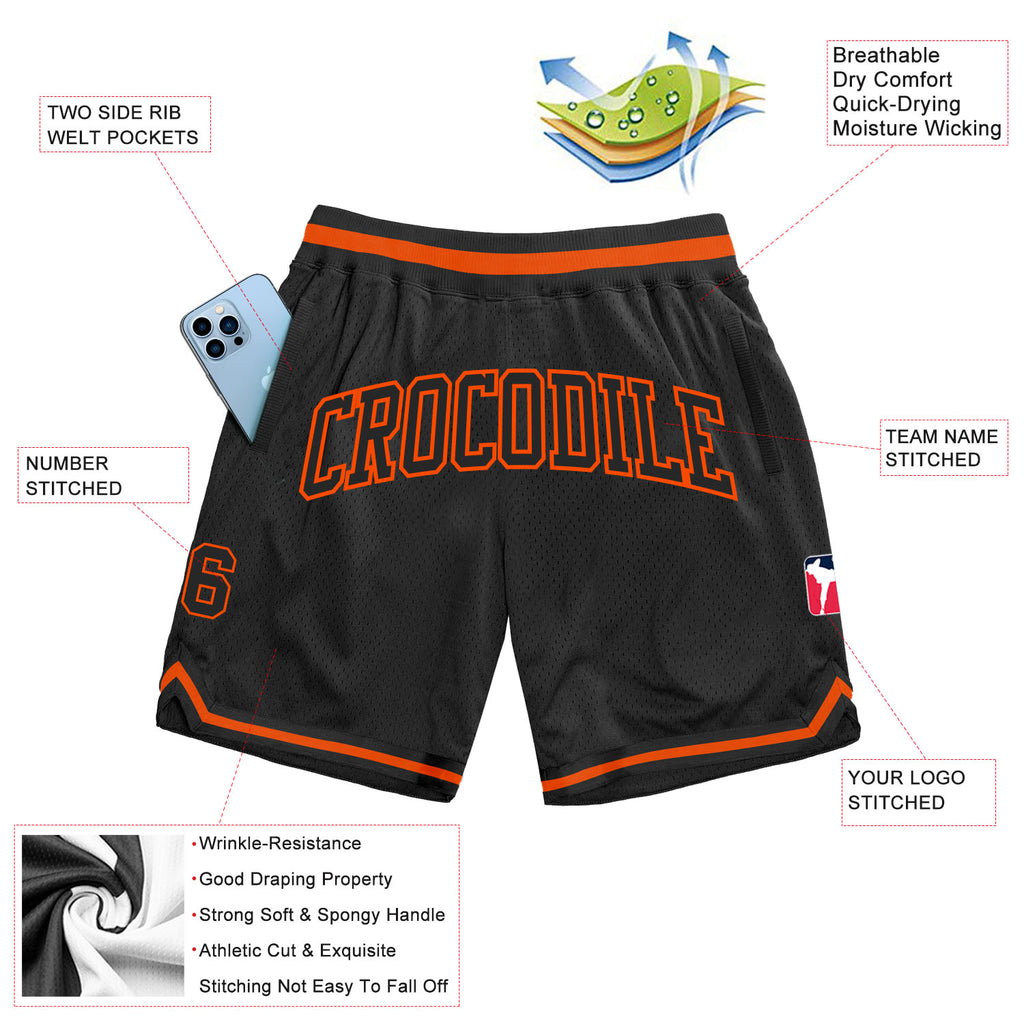 Custom Black Black-Orange Authentic Throwback Basketball Shorts