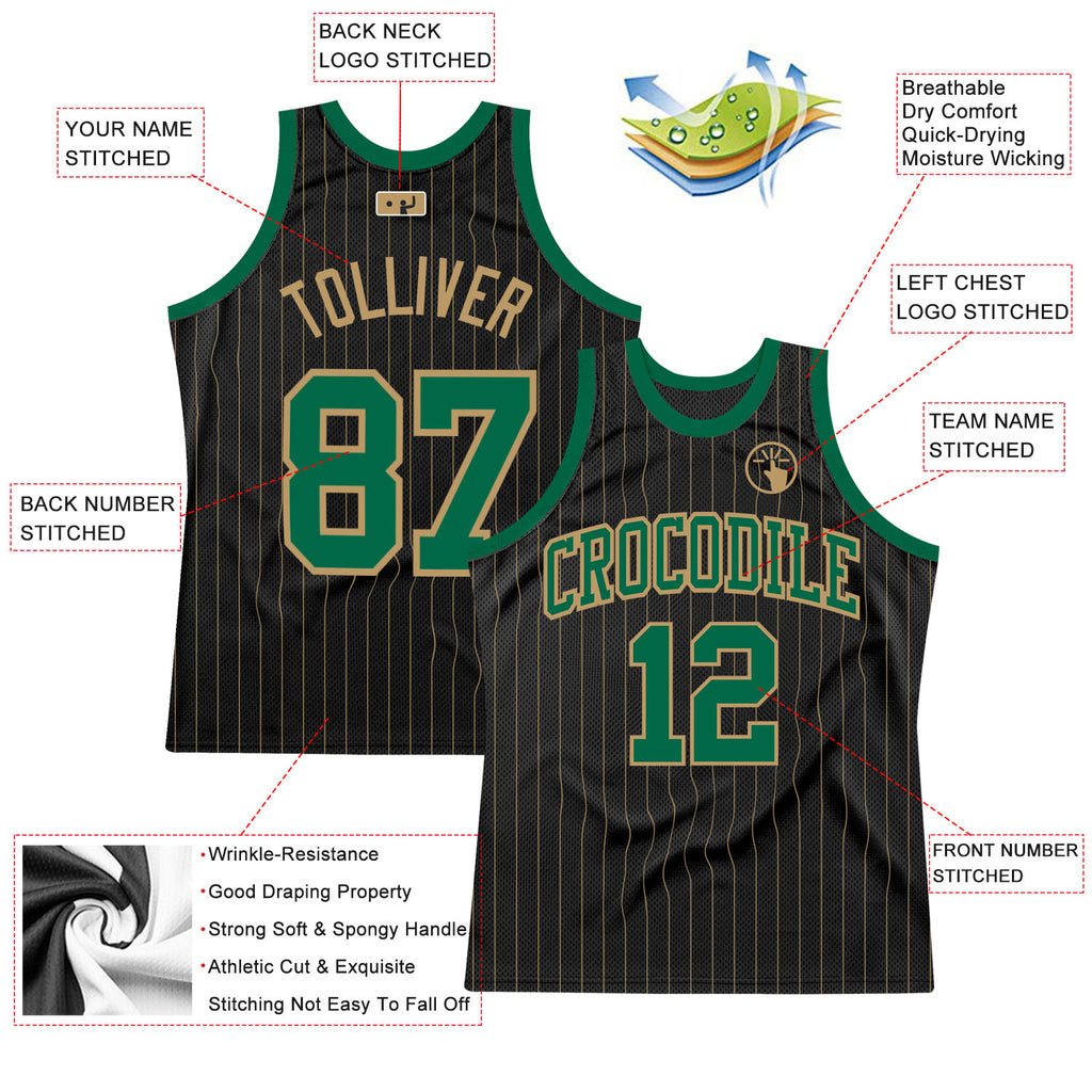 Custom Black Old Gold Pinstripe Kelly Green-Old Gold Authentic Basketball Jersey