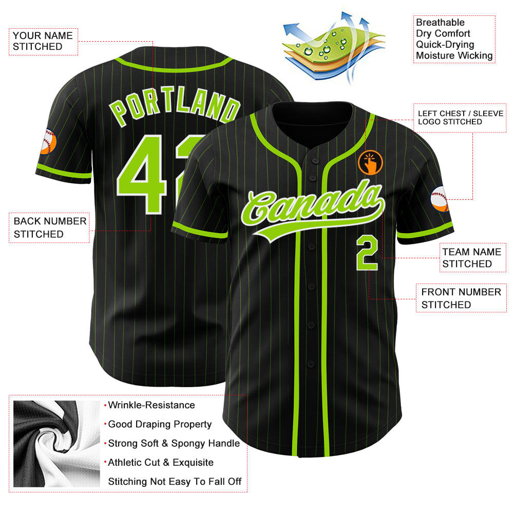 Custom Black Neon Green Pinstripe Neon Green Authentic Baseball Jersey
