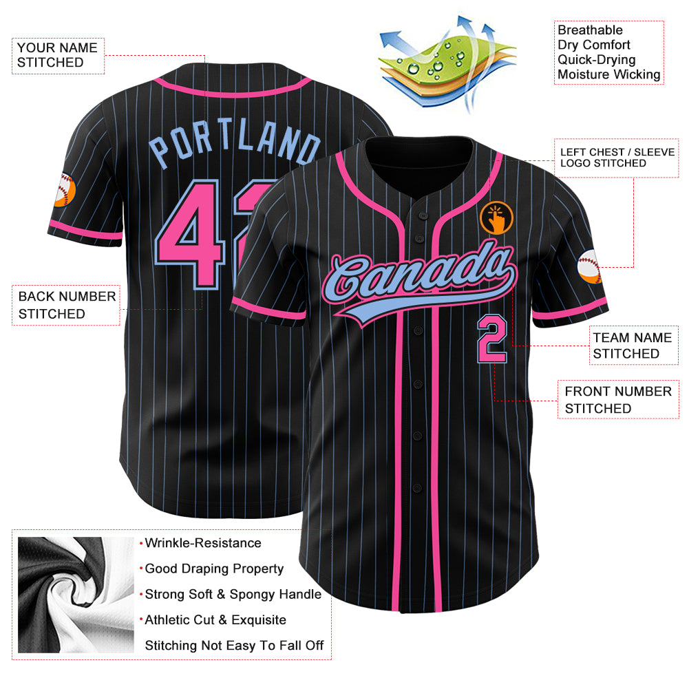 Custom Black Light Blue Pinstripe Pink Authentic Baseball Jersey