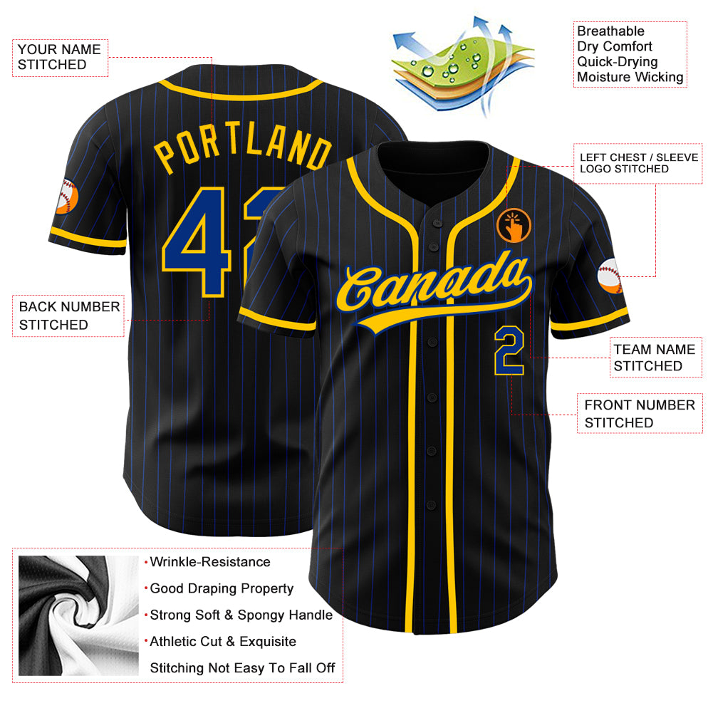 Custom Black Royal Pinstripe Royal-Yellow Authentic Baseball Jersey