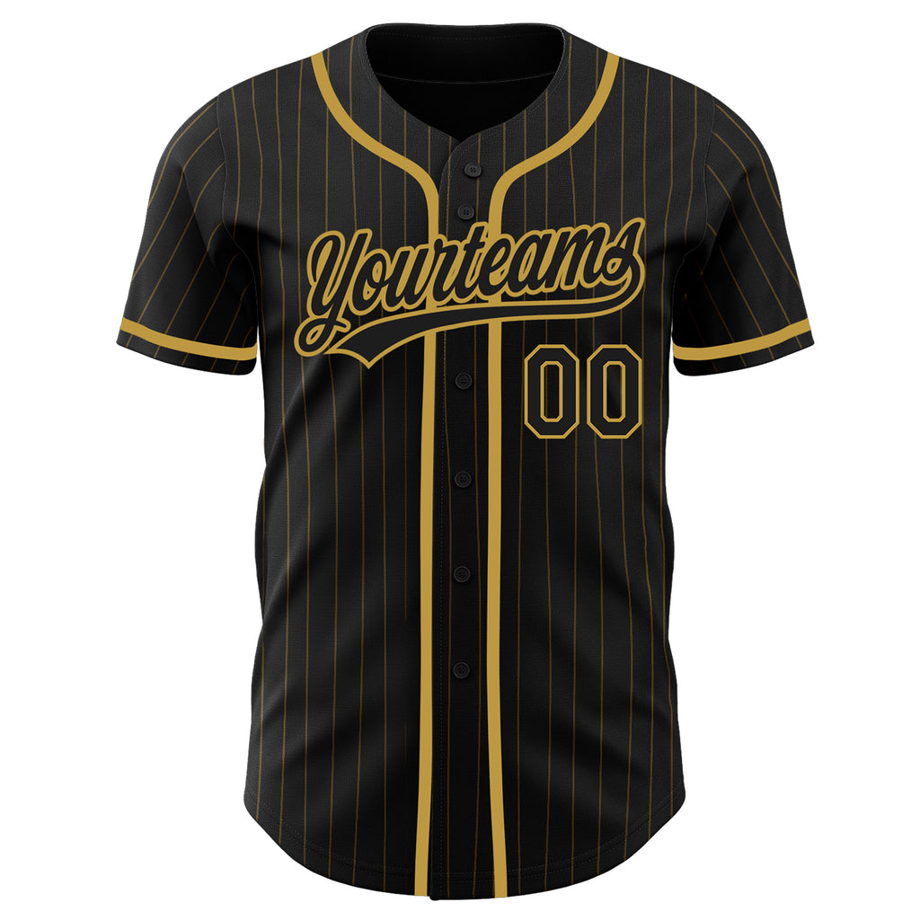 Custom Black Old Gold Pinstripe Black Authentic Baseball Jersey