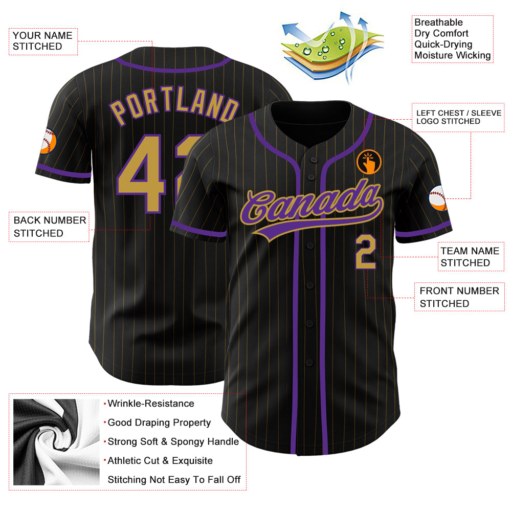 Custom Black Old Gold Pinstripe Old Gold-Purple Authentic Baseball Jersey