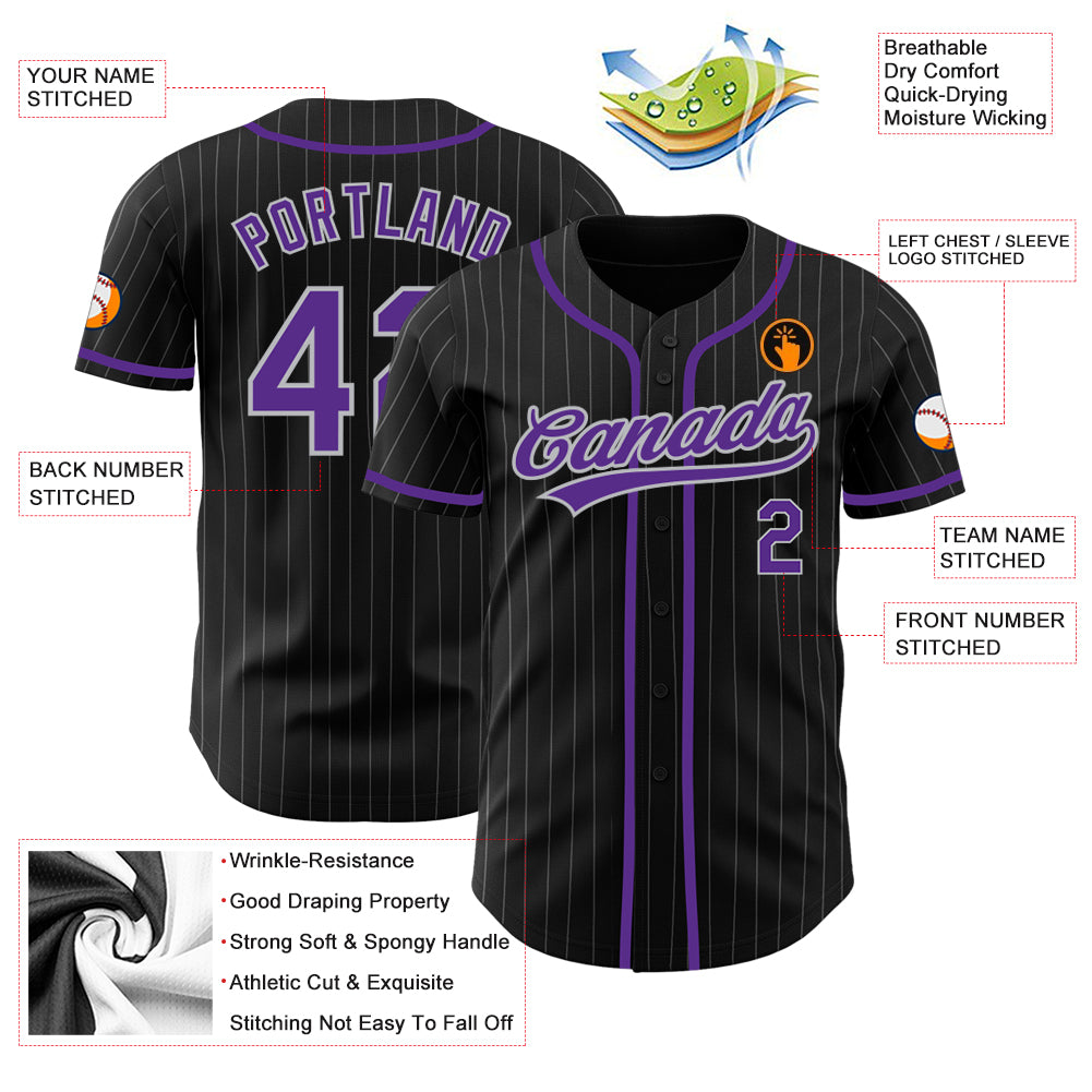 Custom Black Gray Pinstripe Purple Authentic Baseball Jersey