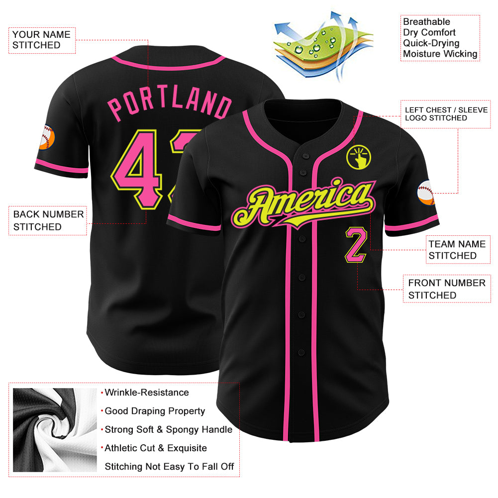 Custom Black Pink-Neon Yellow Authentic Baseball Jersey