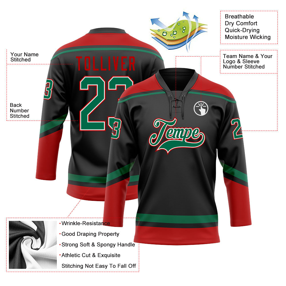 Custom Black Kelly Green-Red Hockey Lace Neck Jersey