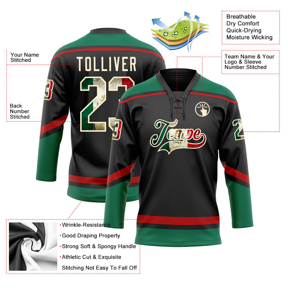 Custom Black Vintage Mexican Flag Cream Kelly Green-Red Hockey Lace Neck Jersey
