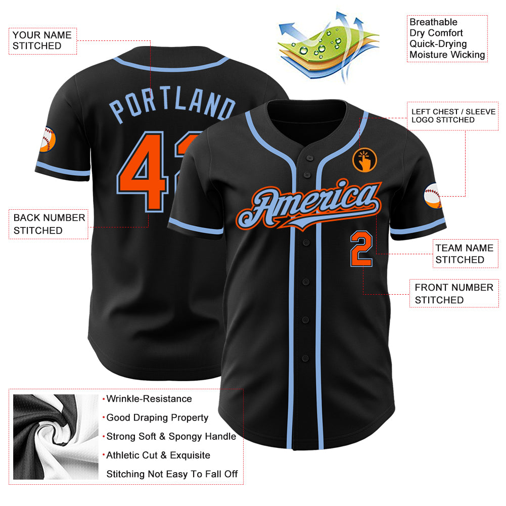 Custom Black Orange-Light Blue Authentic Baseball Jersey