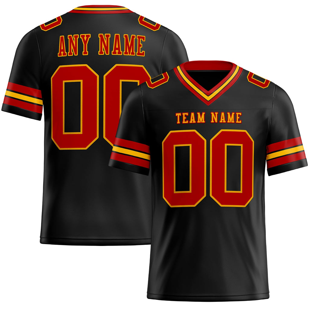 Custom Black Red-Gold Mesh Authentic Football Jersey