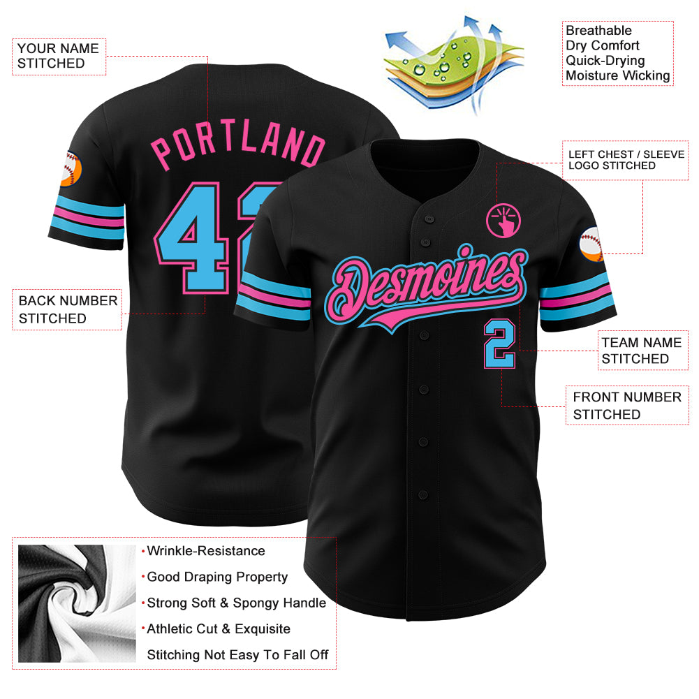 Custom Black Sky Blue-Pink Authentic Baseball Jersey