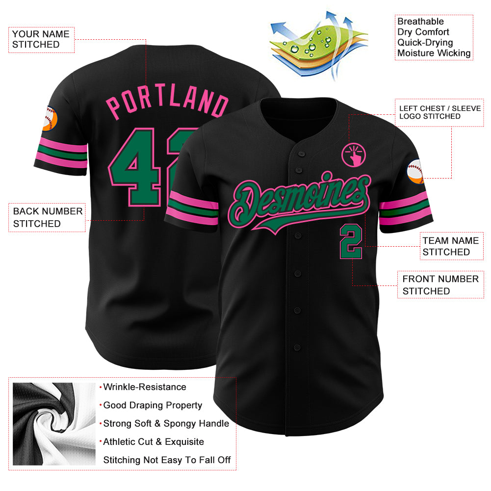 Custom Black Kelly Green-Pink Authentic Baseball Jersey