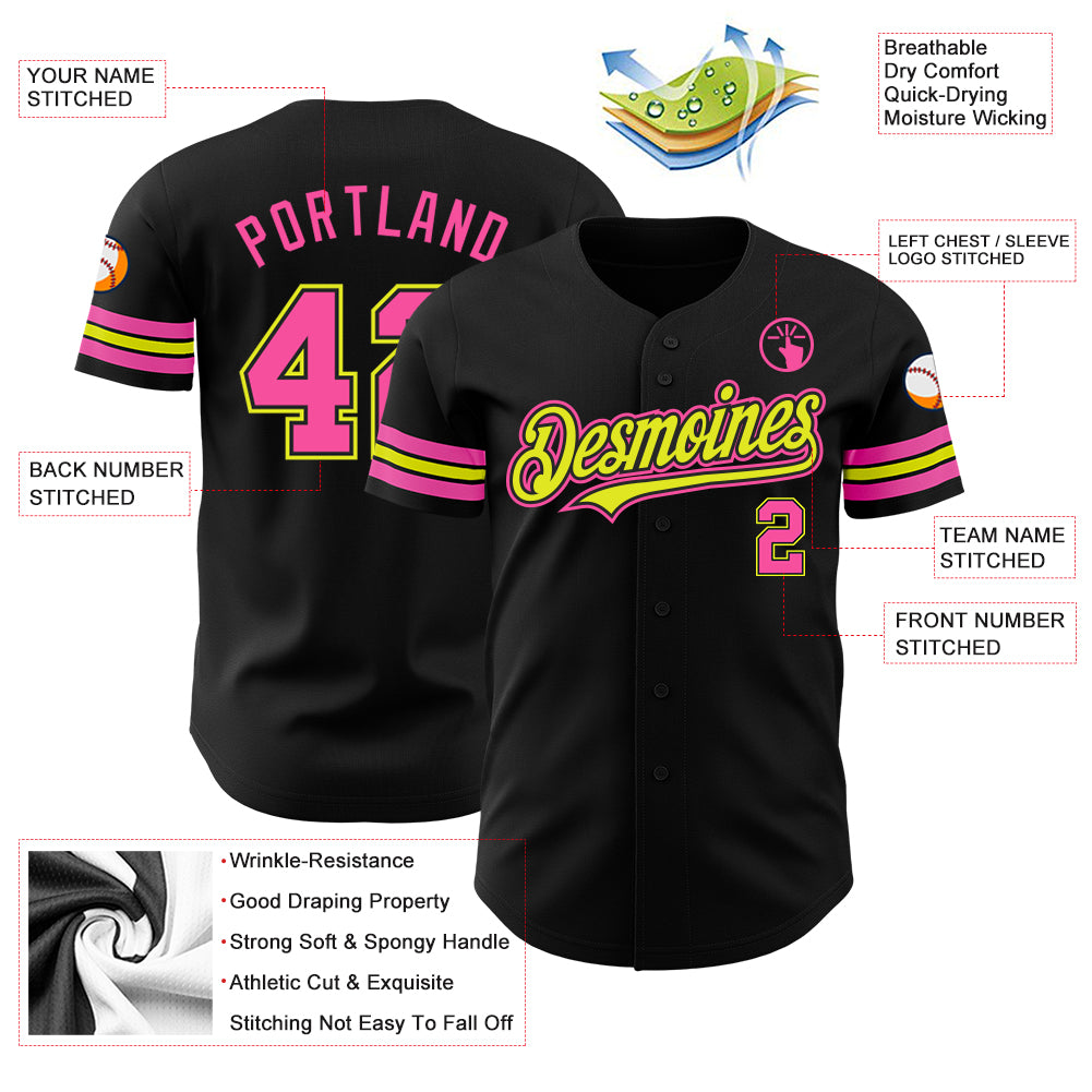 Custom Black Pink-Neon Yellow Authentic Baseball Jersey