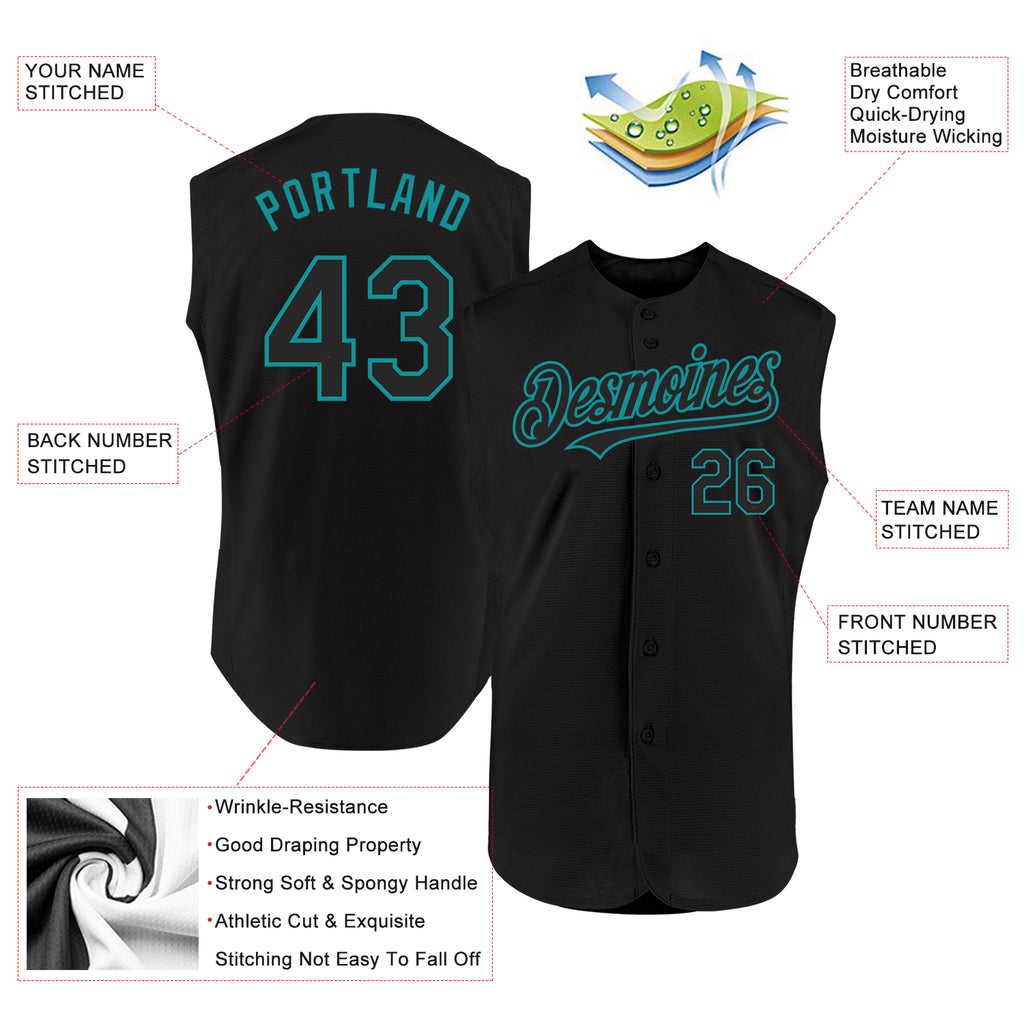 Custom Black Teal Authentic Sleeveless Baseball Jersey