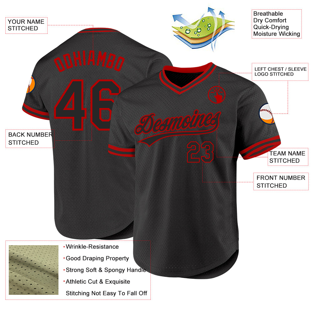 Custom Black Red Authentic Throwback Baseball Jersey