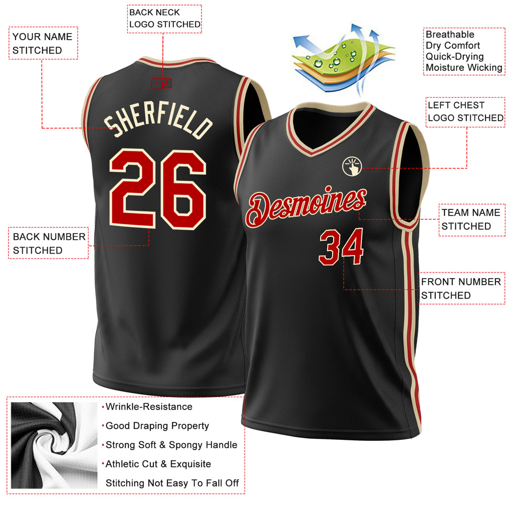 Custom Black Red-Cream Authentic Throwback Basketball Jersey