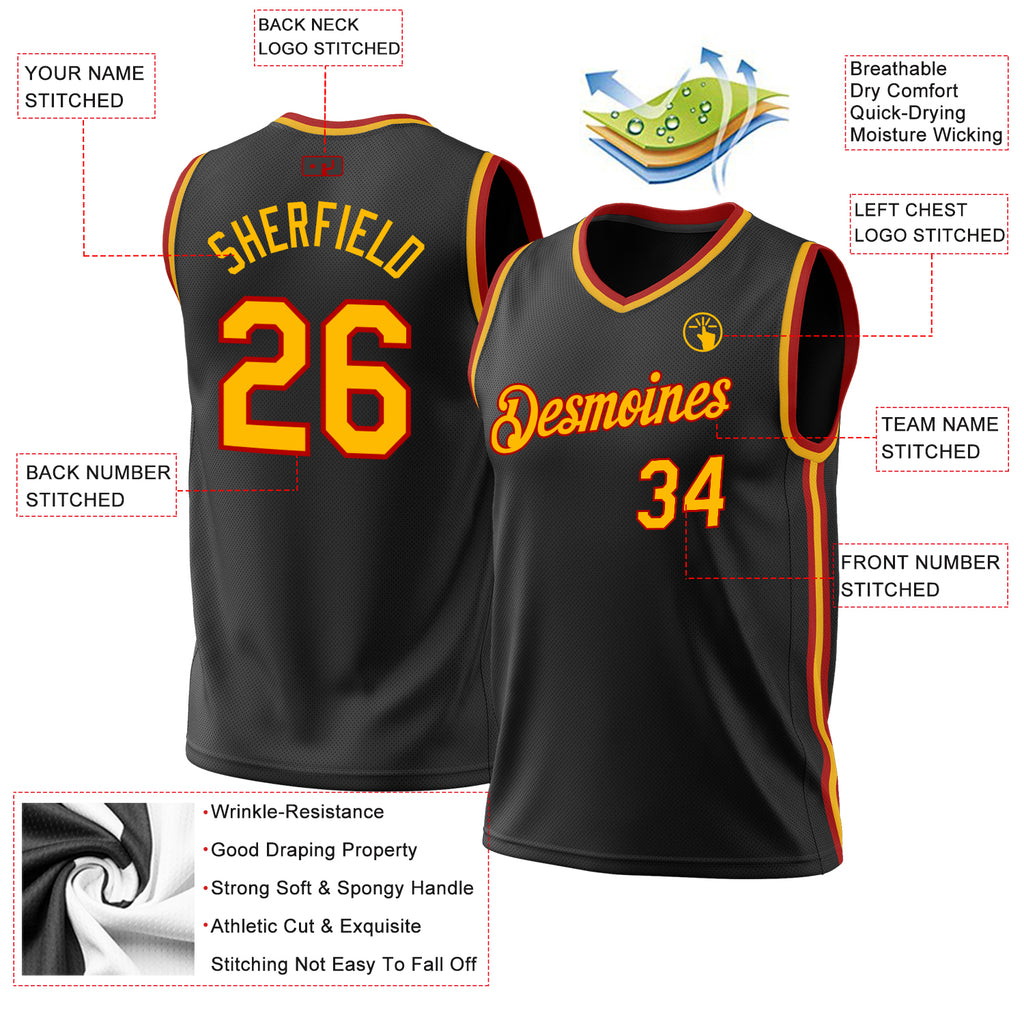 Custom Black Gold-Red Authentic Throwback Basketball Jersey