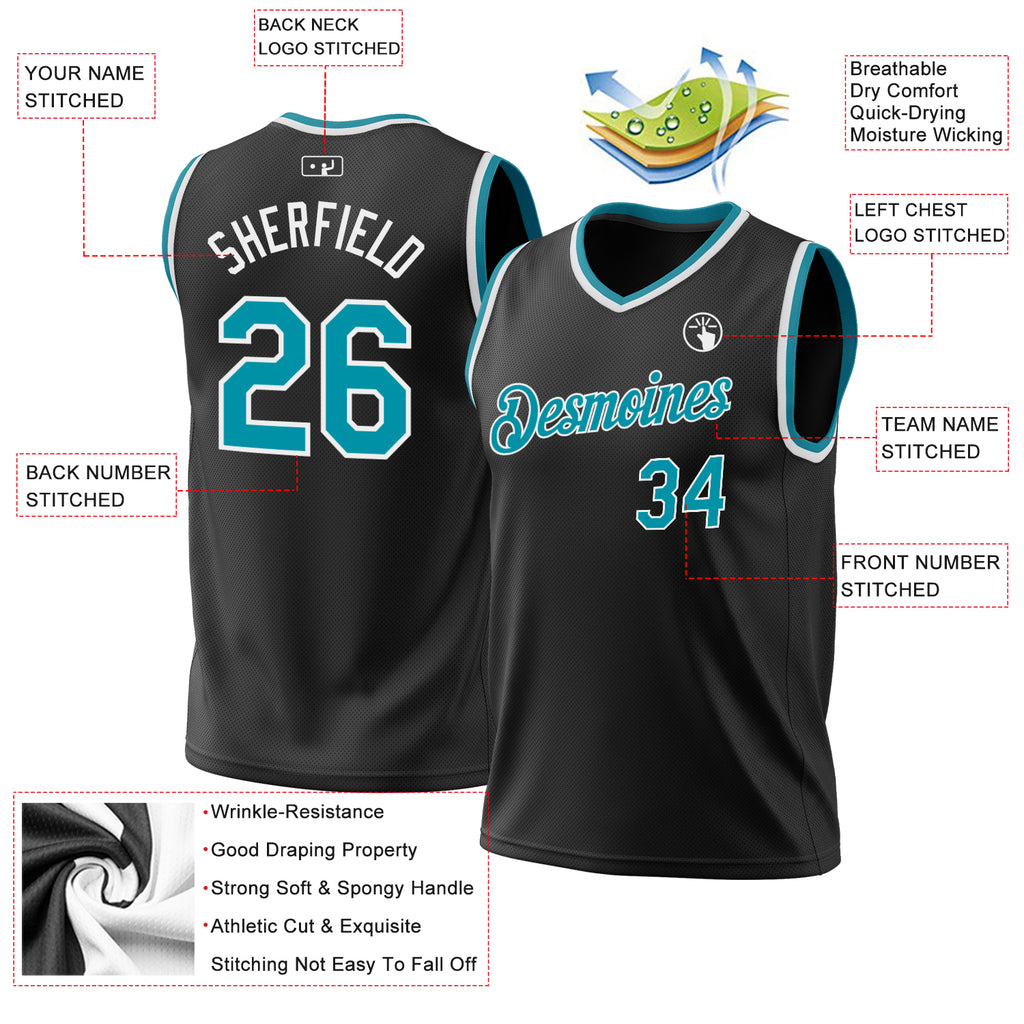 Custom Black Teal-White Authentic Throwback Basketball Jersey