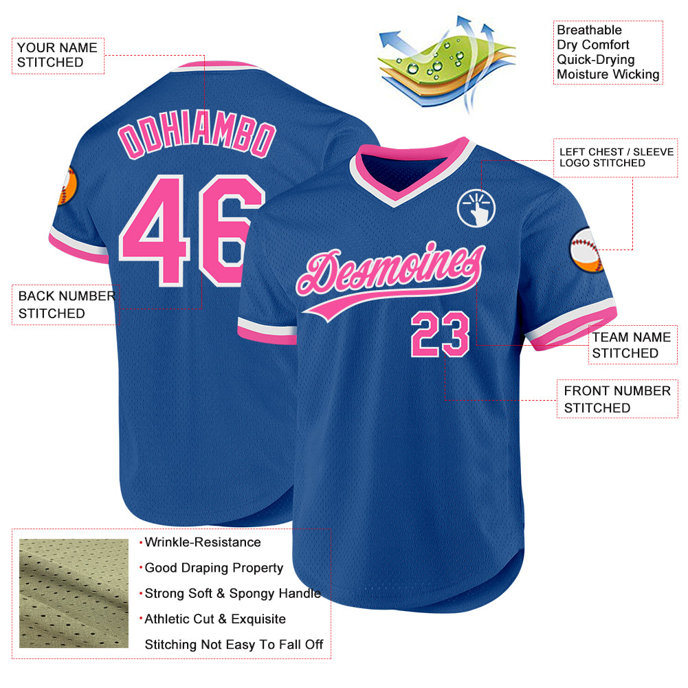 Custom Blue Pink-White Authentic Throwback Baseball Jersey