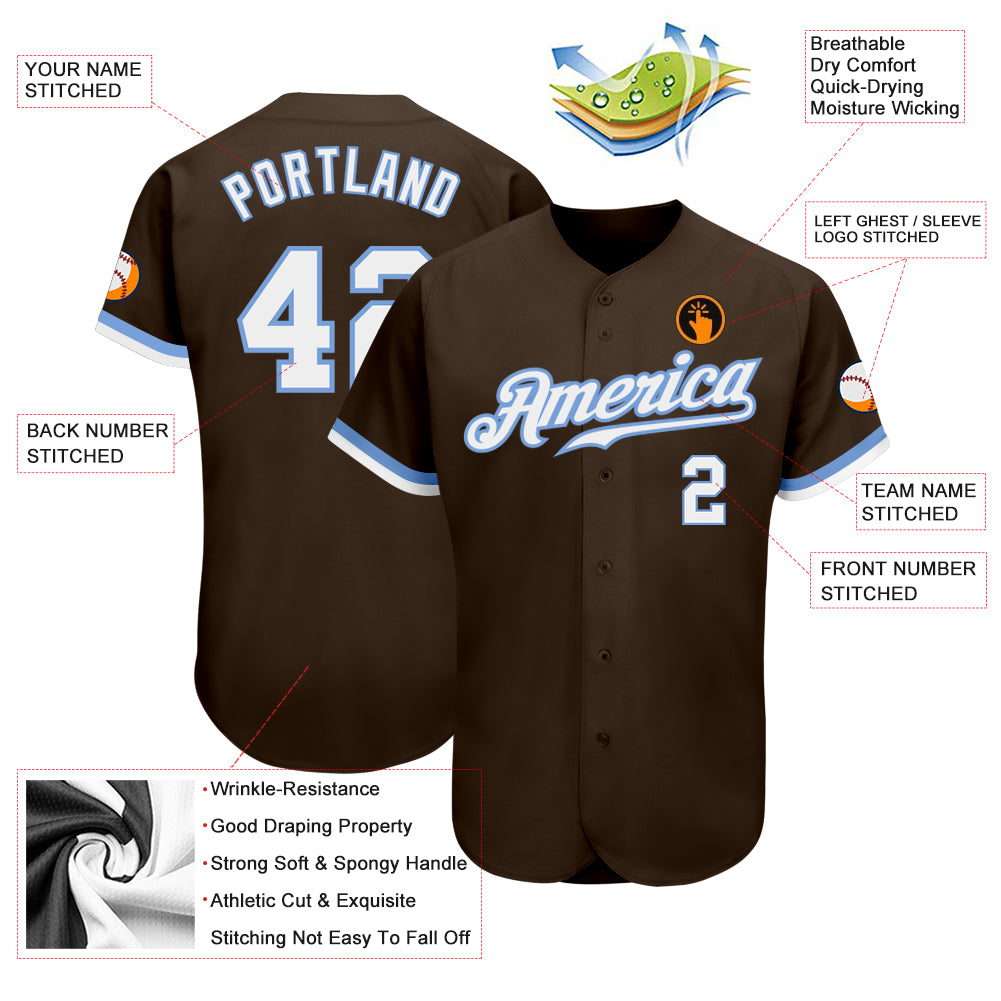 Custom Brown White-Light Blue Authentic Baseball Jersey