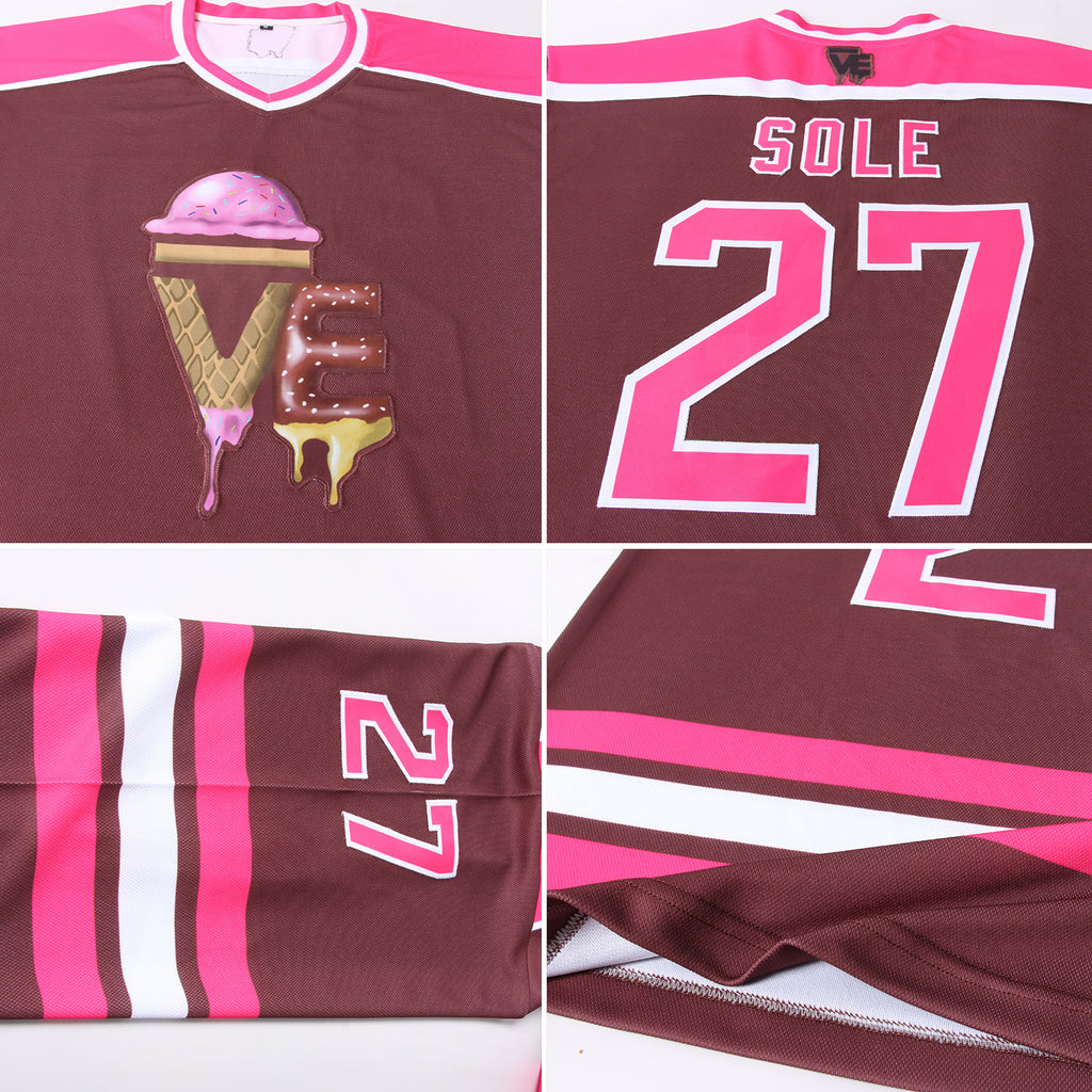 Custom Brown Pink-White Hockey Jersey