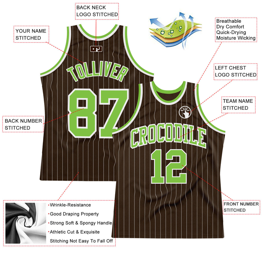 Custom Brown White Pinstripe Neon Green Authentic Basketball Jersey