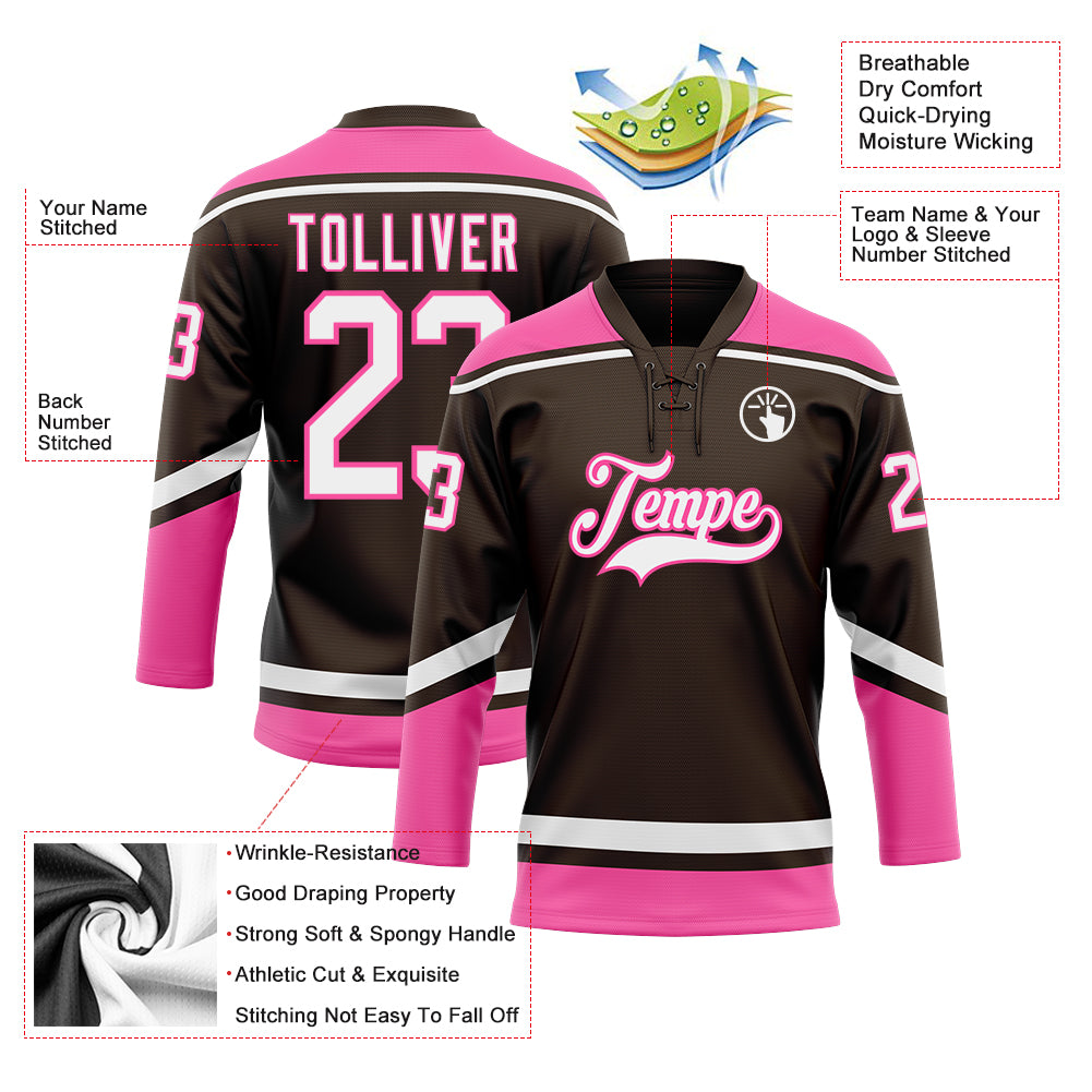 Custom Brown White-Pink Hockey Lace Neck Jersey