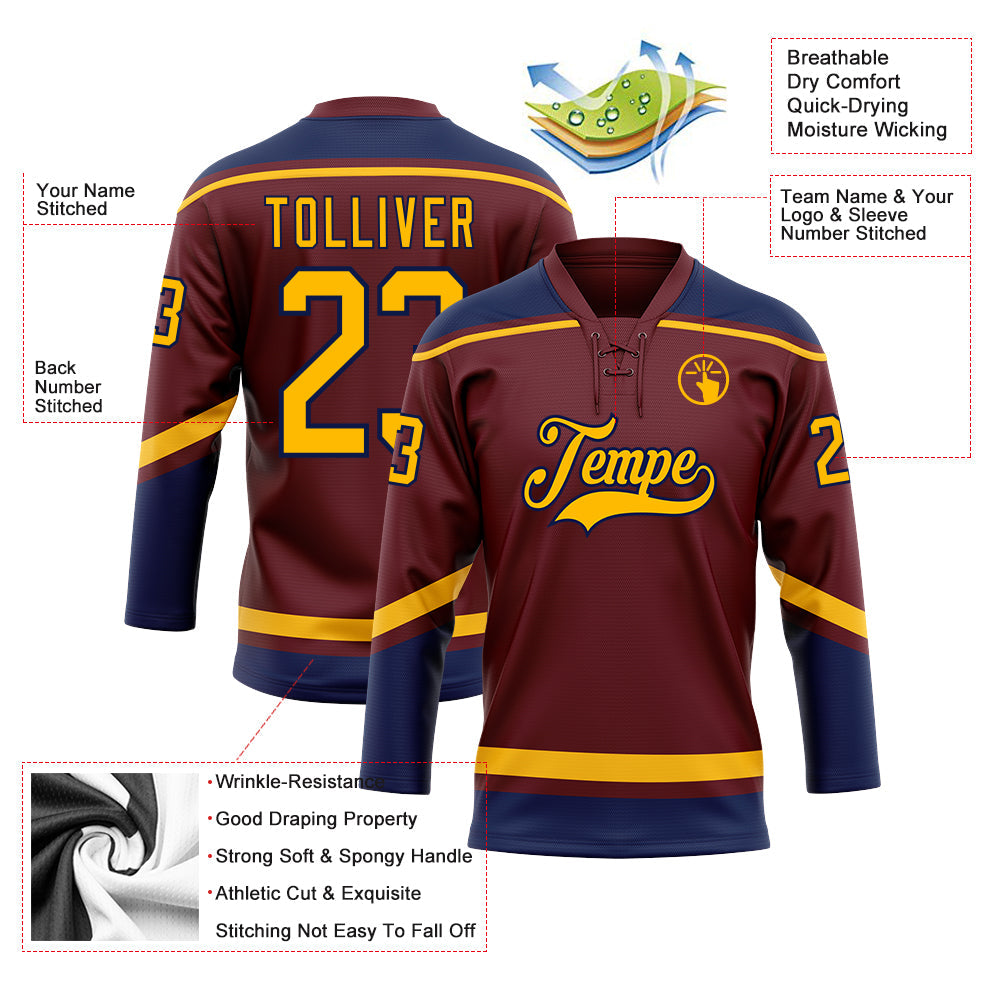 Custom Burgundy Gold-Navy Hockey Lace Neck Jersey