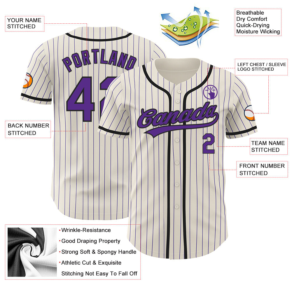 Custom Cream Purple Pinstripe Black Authentic Baseball Jersey