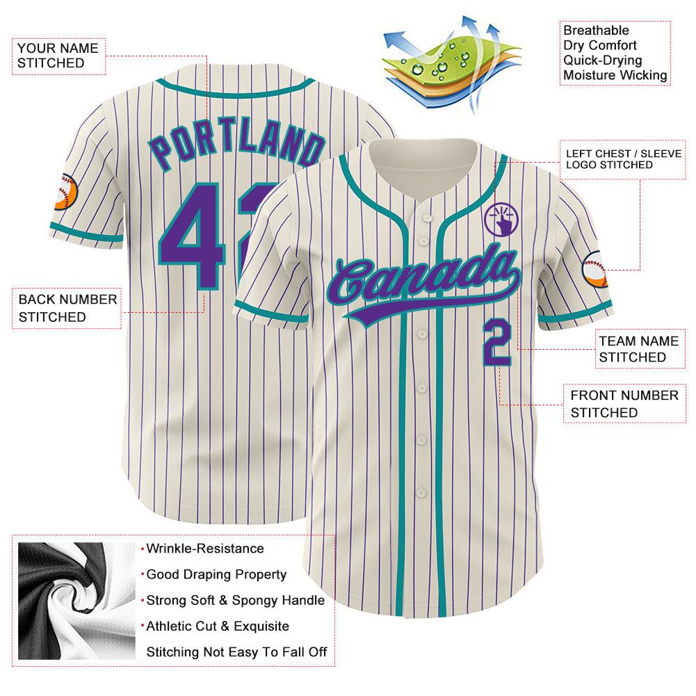 Custom Cream Purple Pinstripe Teal Authentic Baseball Jersey