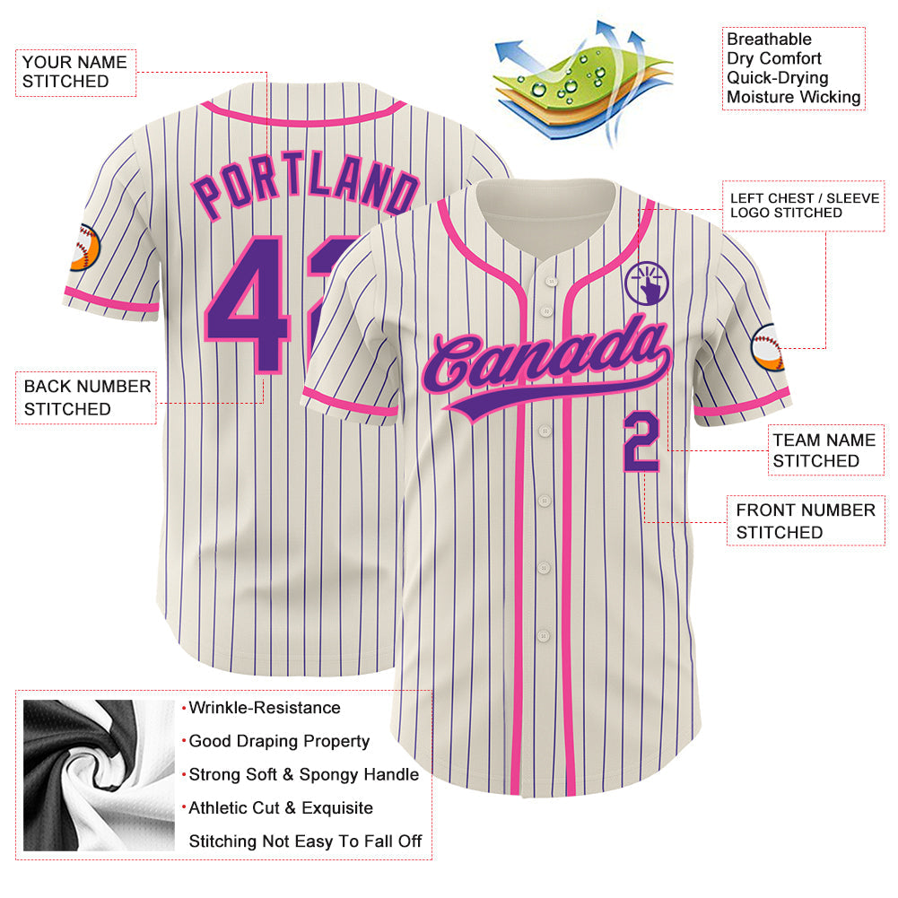 Custom Cream Purple Pinstripe Pink Authentic Baseball Jersey