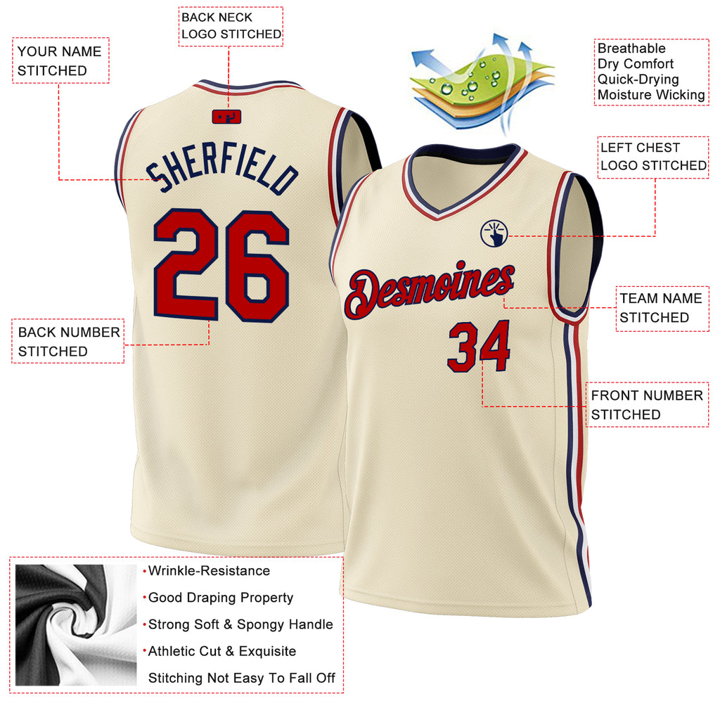 Custom Cream Red-Navy Authentic Throwback Basketball Jersey