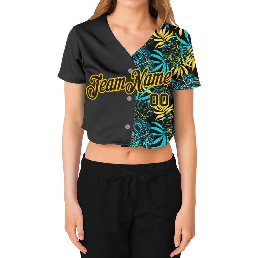 Custom Women's Black Black-Gold Tropical Palm Leaves 3D V-Neck Cropped Baseball Jersey