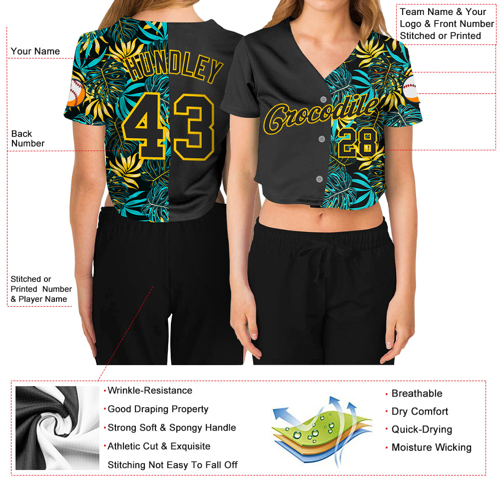 Custom Women's Black Black-Gold Tropical Palm Leaves 3D V-Neck Cropped Baseball Jersey