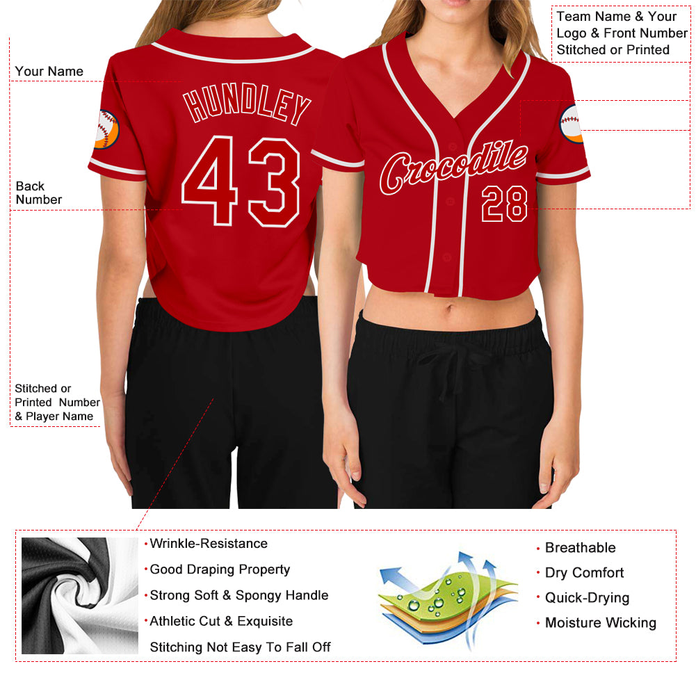 Custom Women's Red Red-White V-Neck Cropped Baseball Jersey
