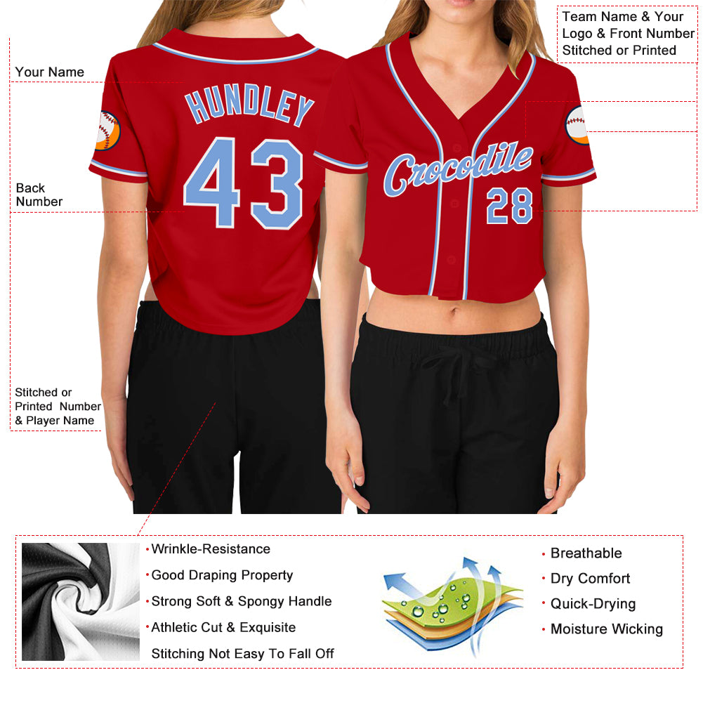 Custom Women's Red Light Blue-White V-Neck Cropped Baseball Jersey