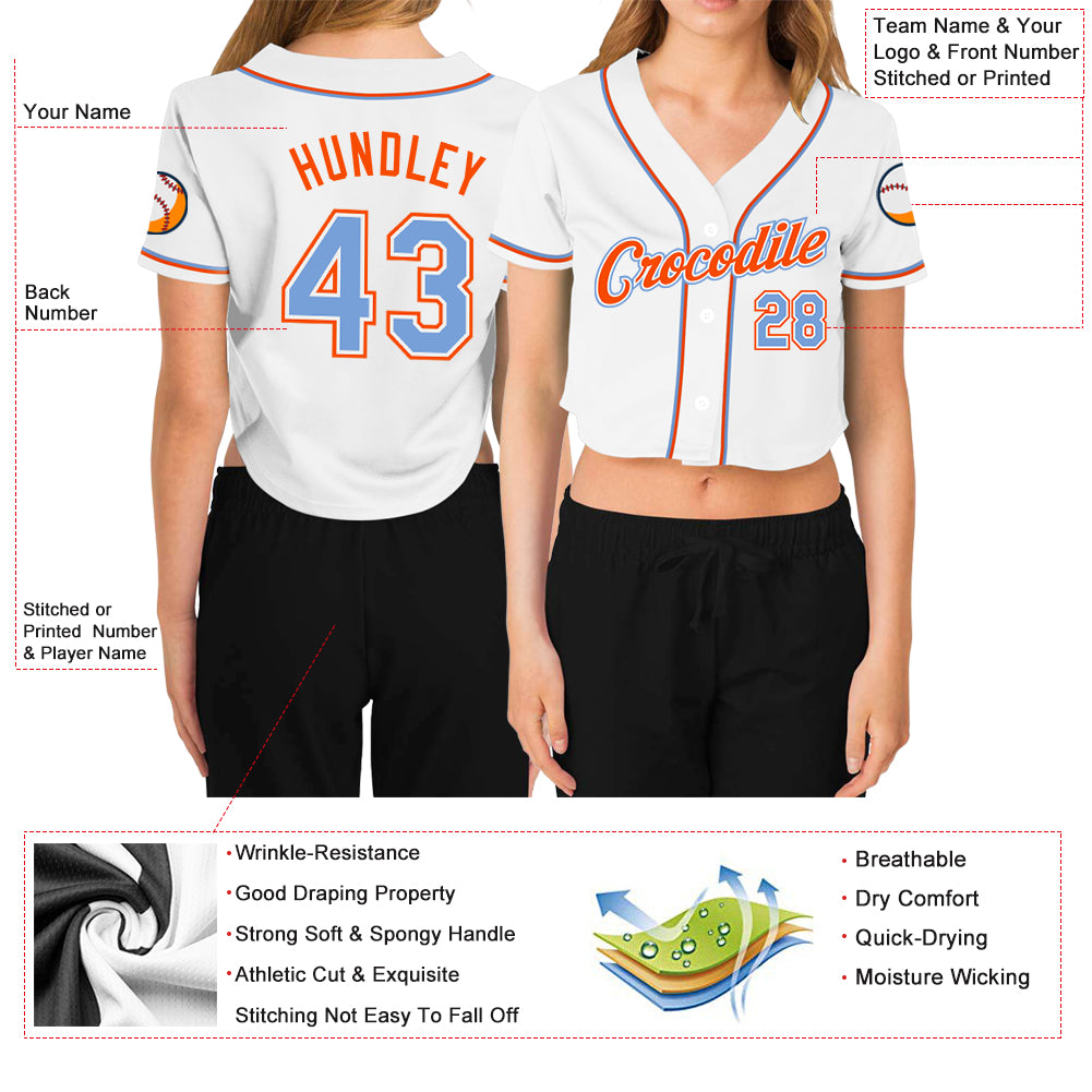 Custom Women's White Light Blue-Orange V-Neck Cropped Baseball Jersey