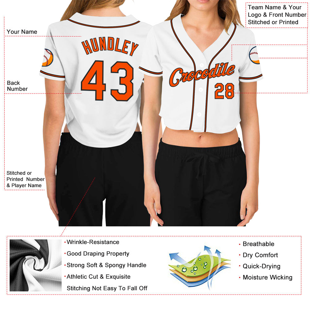 Custom Women's White Orange-Black V-Neck Cropped Baseball Jersey