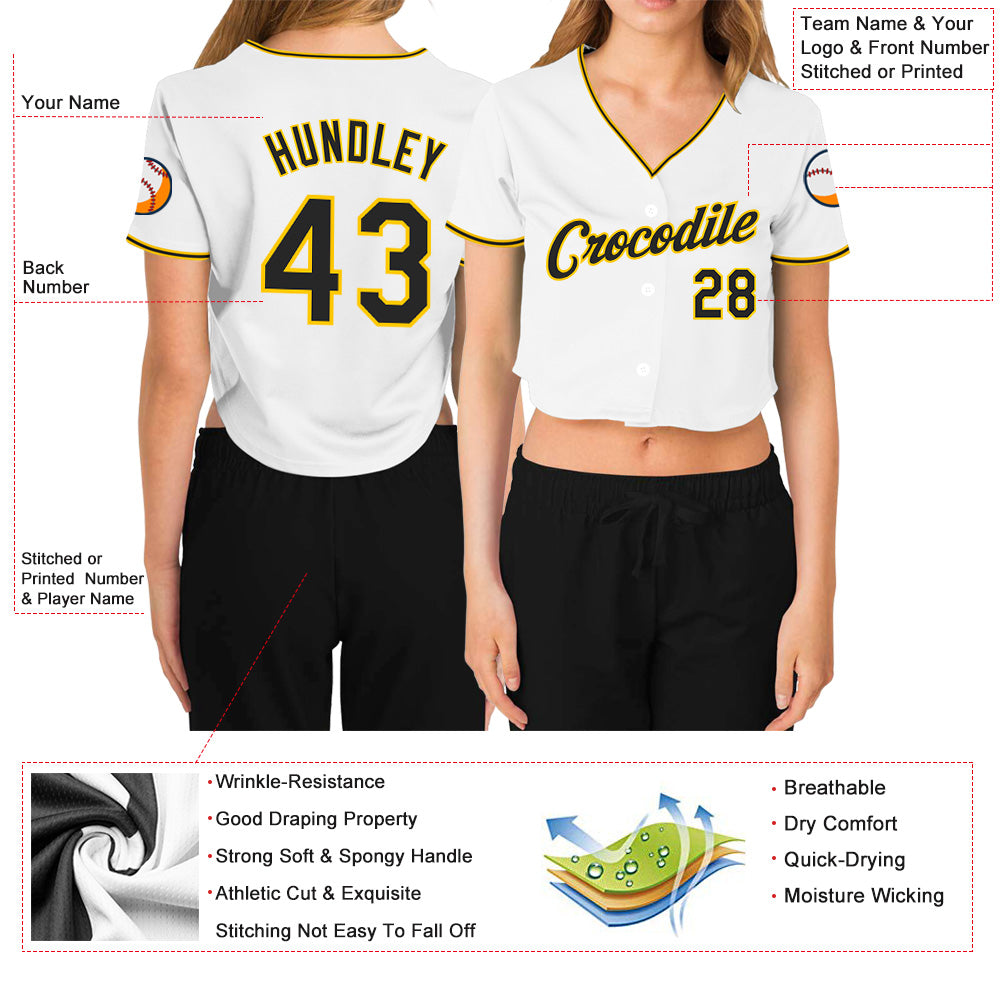 Custom Women's White Black-Gold V-Neck Cropped Baseball Jersey