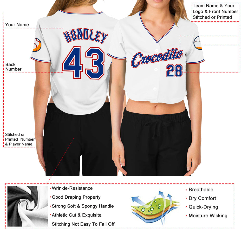 Custom Women's White Royal-Red V-Neck Cropped Baseball Jersey