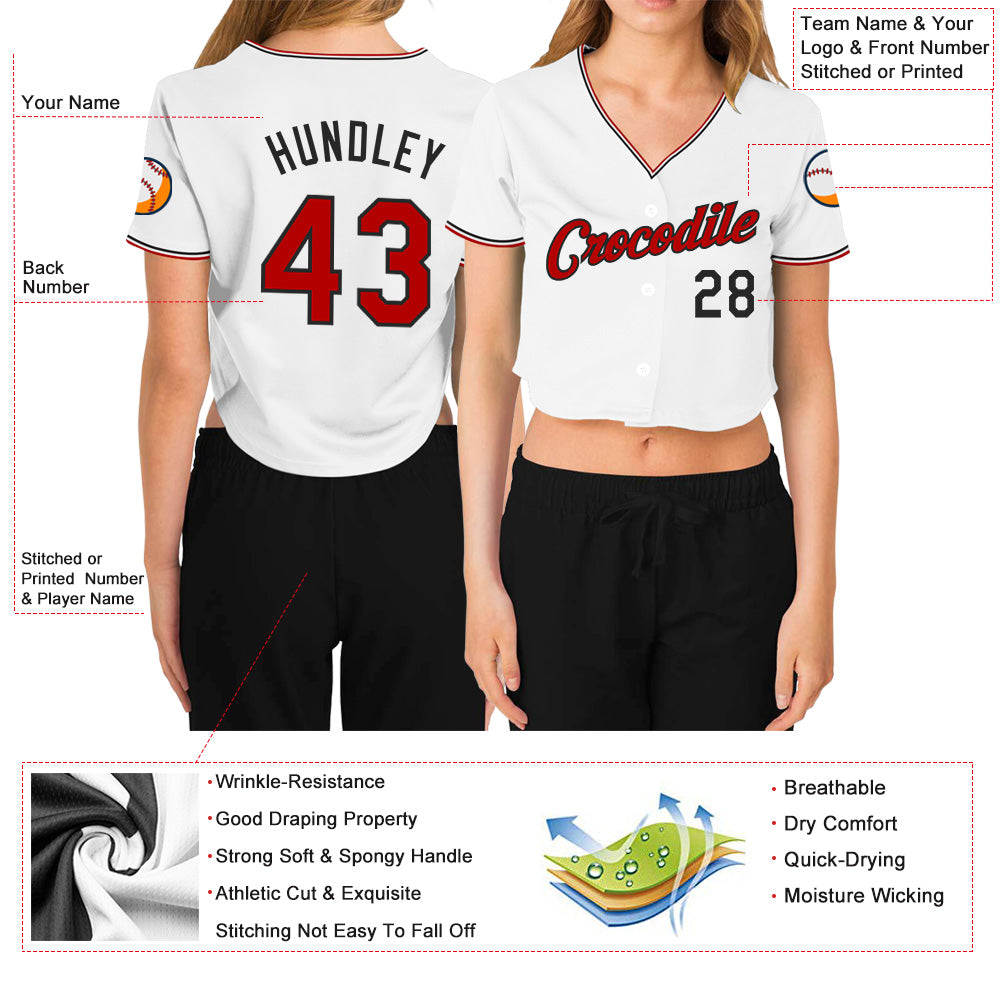 Custom Women's White Red-Black V-Neck Cropped Baseball Jersey