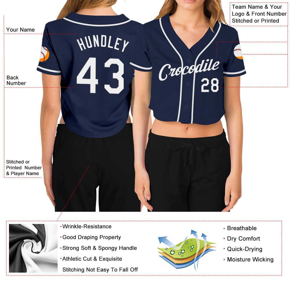 Custom Women's Navy White V-Neck Cropped Baseball Jersey