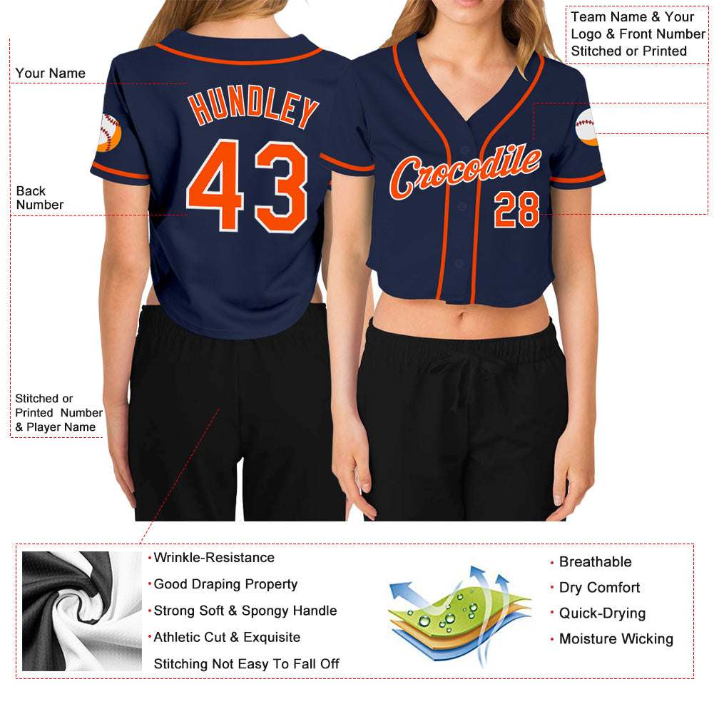 Custom Women's Navy Orange-White V-Neck Cropped Baseball Jersey